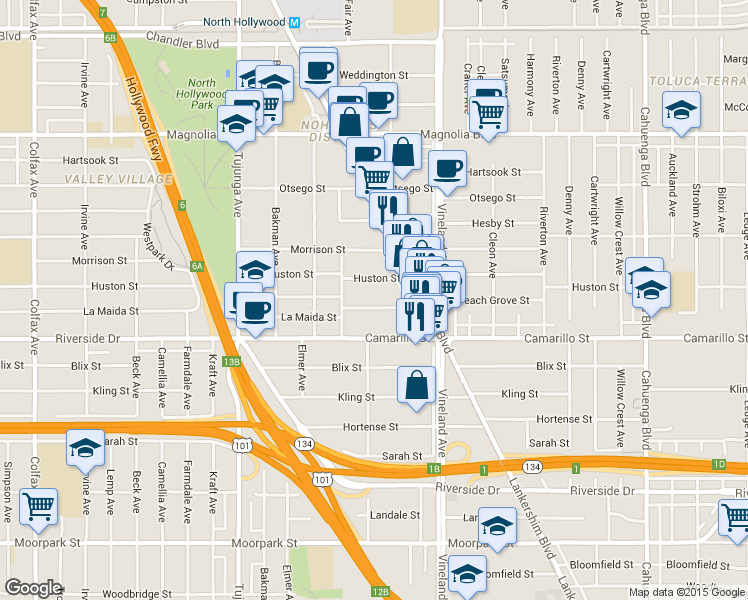 map of restaurants, bars, coffee shops, grocery stores, and more near 11126 Huston Street in Los Angeles