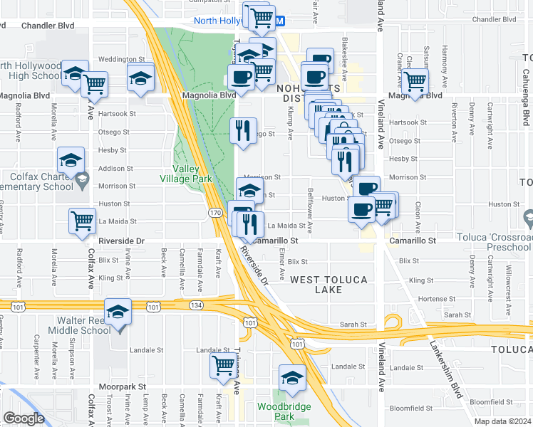 map of restaurants, bars, coffee shops, grocery stores, and more near 11275 Peach Grove Street in Los Angeles