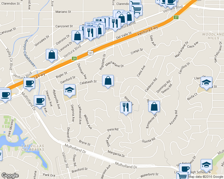 map of restaurants, bars, coffee shops, grocery stores, and more near 22788 Calabash Street in Los Angeles