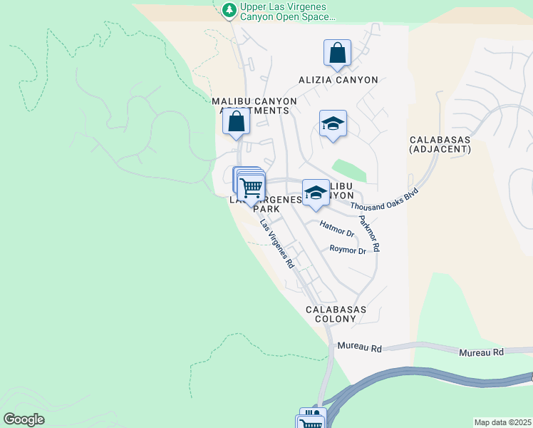 map of restaurants, bars, coffee shops, grocery stores, and more near 5606 Las Virgenes Road in Calabasas