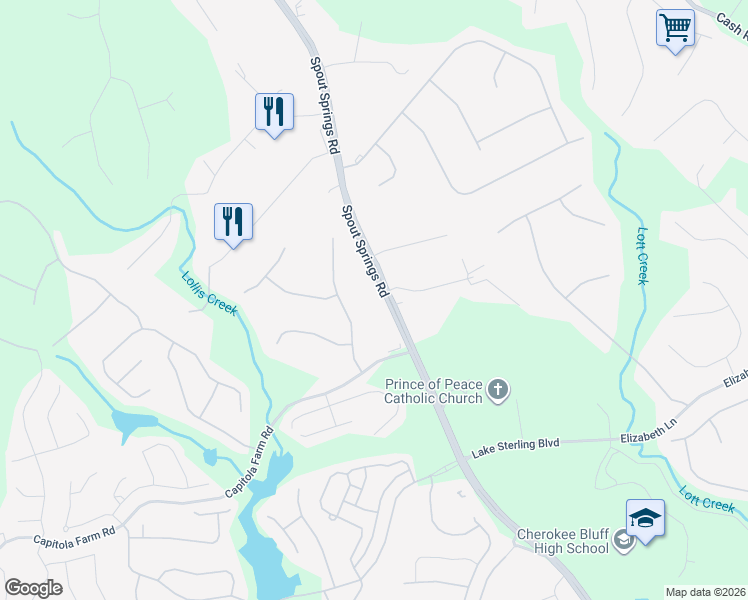 map of restaurants, bars, coffee shops, grocery stores, and more near 6318 Spout Springs Road in Flowery Branch