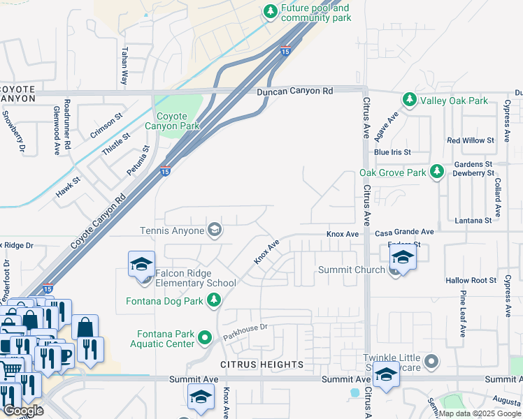 map of restaurants, bars, coffee shops, grocery stores, and more near Kings Peak Drive in Fontana