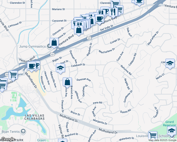 map of restaurants, bars, coffee shops, grocery stores, and more near 4841 Bruges Avenue in Los Angeles