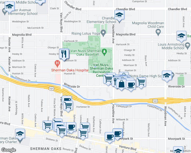 map of restaurants, bars, coffee shops, grocery stores, and more near 4846 Katherine Avenue in Los Angeles