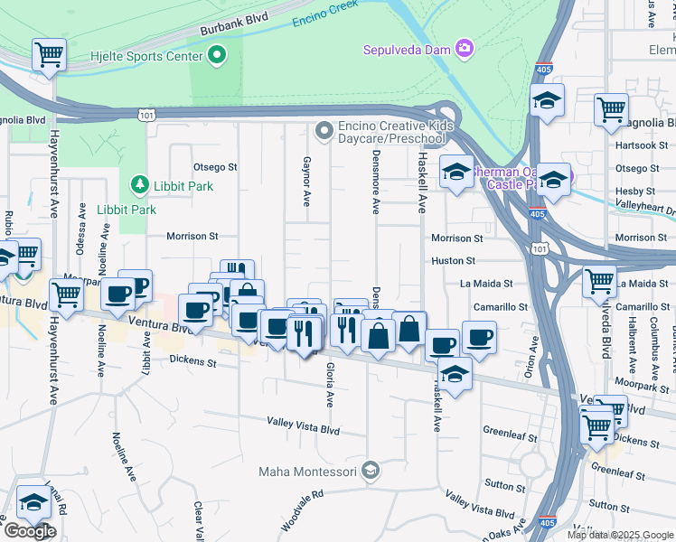 map of restaurants, bars, coffee shops, grocery stores, and more near 4950 Gloria Avenue in Los Angeles