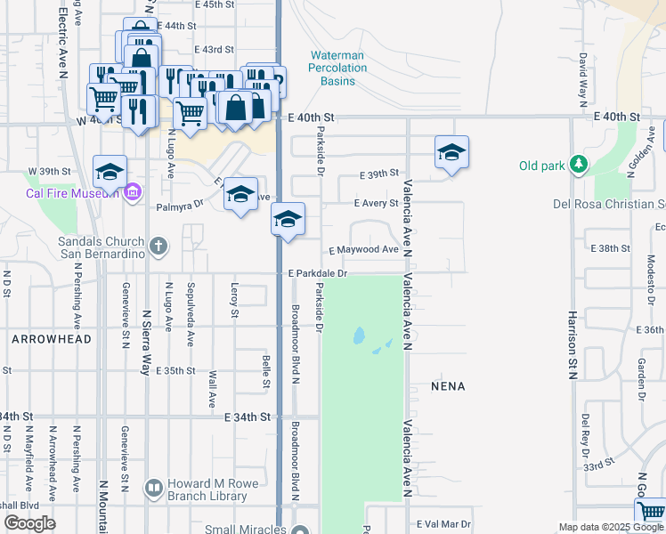 map of restaurants, bars, coffee shops, grocery stores, and more near 528 East Parkdale Drive in San Bernardino