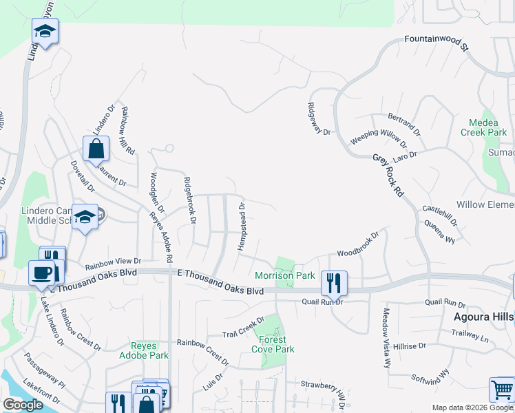 map of restaurants, bars, coffee shops, grocery stores, and more near 29950 Rolling Ridge Drive in Agoura Hills