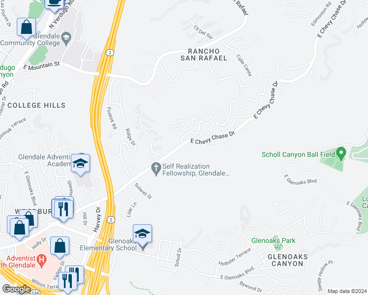 map of restaurants, bars, coffee shops, grocery stores, and more near 2248 East Chevy Chase Drive in Glendale