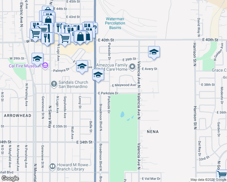 map of restaurants, bars, coffee shops, grocery stores, and more near 528 East Parkdale Drive in San Bernardino