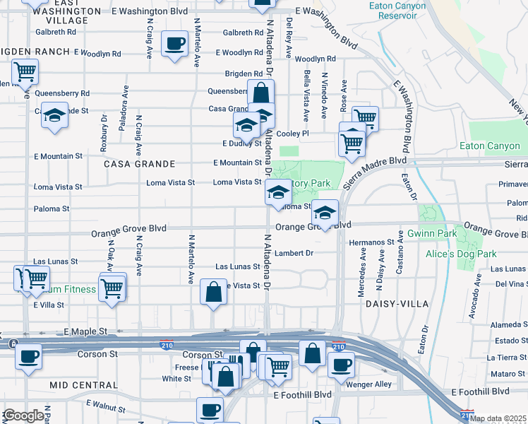 map of restaurants, bars, coffee shops, grocery stores, and more near 2510 Paloma Street in Pasadena