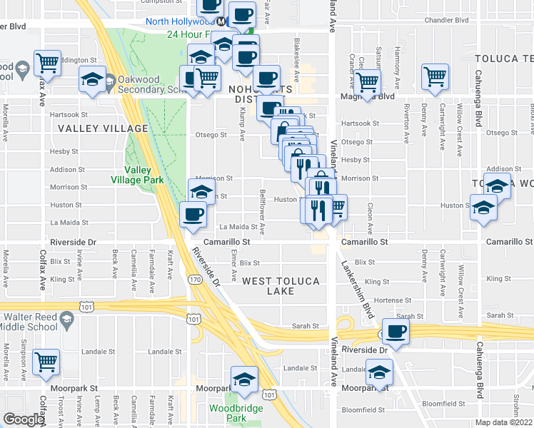 map of restaurants, bars, coffee shops, grocery stores, and more near 11159 La Maida Street in Los Angeles