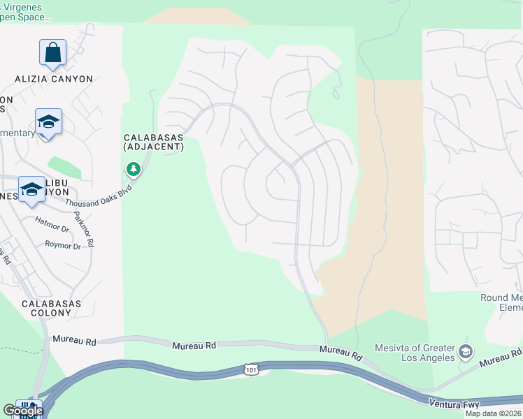 map of restaurants, bars, coffee shops, grocery stores, and more near 5366 Collingwood Circle in Calabasas