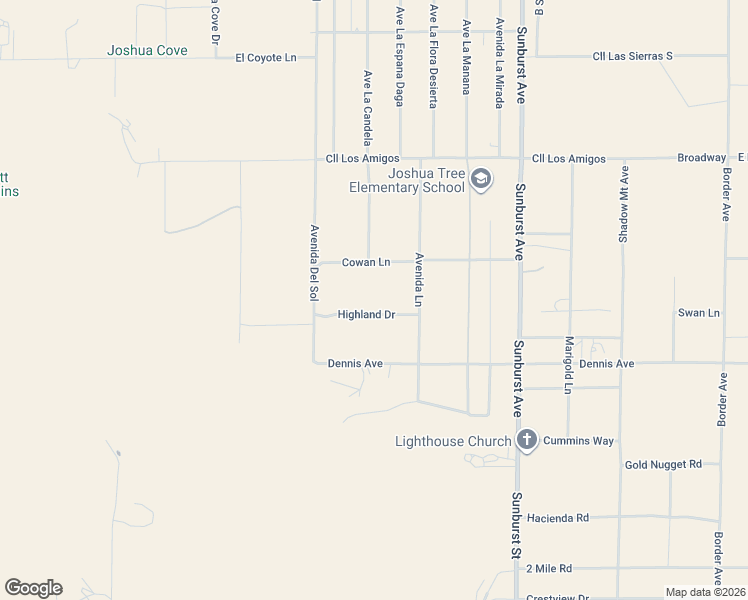 map of restaurants, bars, coffee shops, grocery stores, and more near 61830 Highland Drive in Joshua Tree