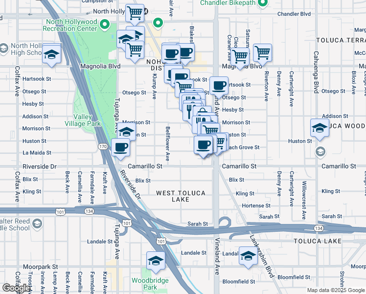map of restaurants, bars, coffee shops, grocery stores, and more near 11126 Huston Street in Los Angeles