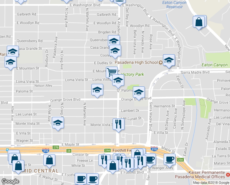 map of restaurants, bars, coffee shops, grocery stores, and more near 2500 Paloma Street in Pasadena