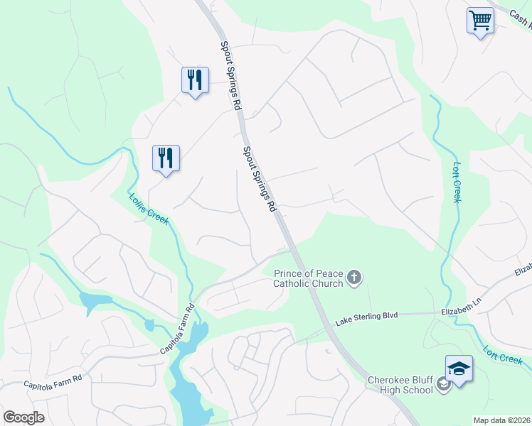 map of restaurants, bars, coffee shops, grocery stores, and more near 6318 Spout Springs Rd in Flowery Branch