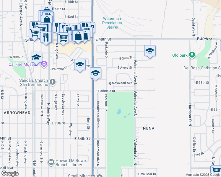 map of restaurants, bars, coffee shops, grocery stores, and more near 528 East Parkdale Drive in San Bernardino