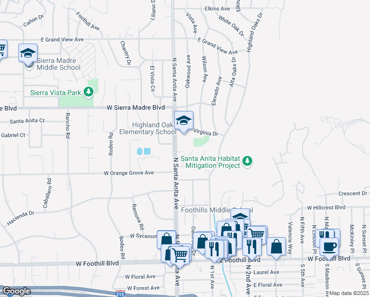 map of restaurants, bars, coffee shops, grocery stores, and more near 15 East Yorkshire Drive in Arcadia