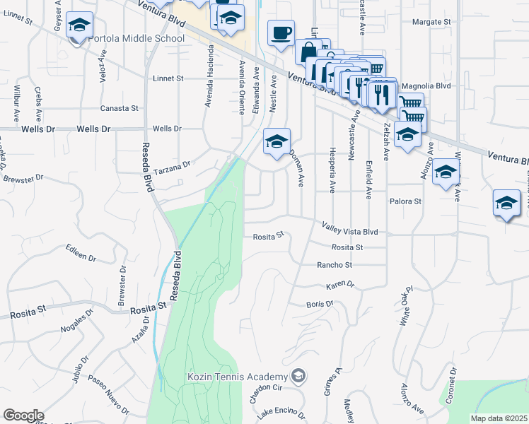 map of restaurants, bars, coffee shops, grocery stores, and more near 18234 Sugarman Street in Los Angeles