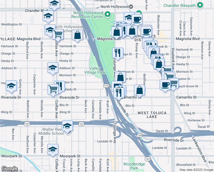 map of restaurants, bars, coffee shops, grocery stores, and more near Hollywood Fwy in Los Angeles
