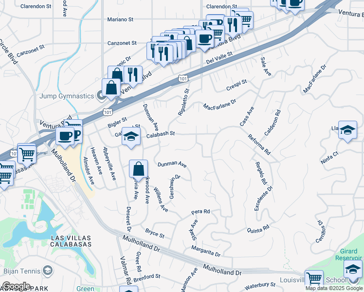 map of restaurants, bars, coffee shops, grocery stores, and more near 4841 Bruges Avenue in Los Angeles
