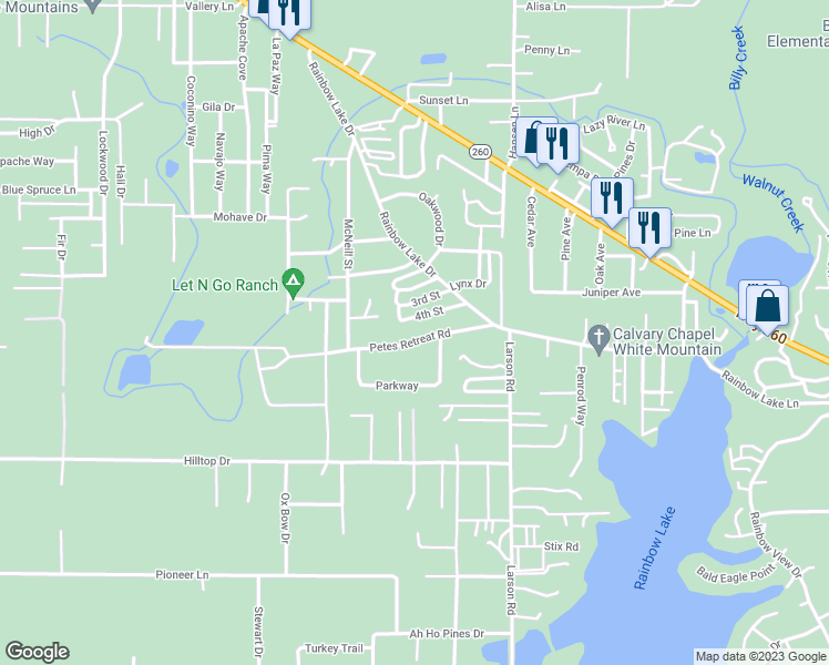 map of restaurants, bars, coffee shops, grocery stores, and more near 3530 Petes Retreat Road in Navajo County