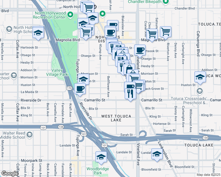 map of restaurants, bars, coffee shops, grocery stores, and more near 11159 La Maida Street in Los Angeles