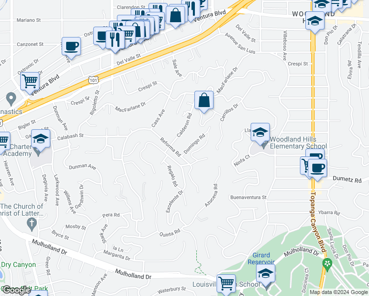 map of restaurants, bars, coffee shops, grocery stores, and more near 22491 Domingo Road in Los Angeles