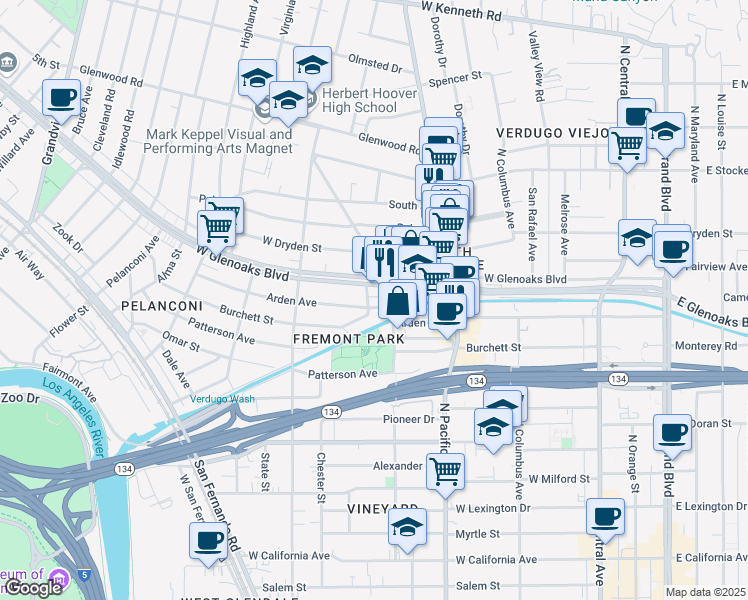 map of restaurants, bars, coffee shops, grocery stores, and more near 924 Beulah Street in Glendale