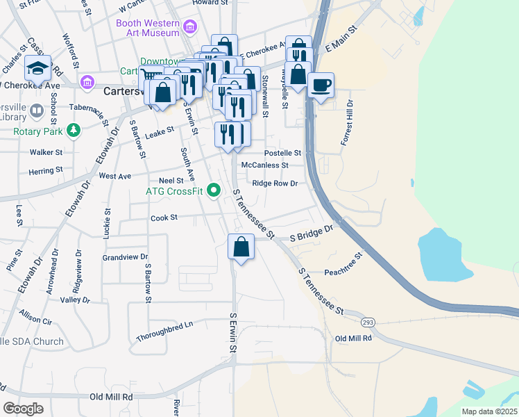 map of restaurants, bars, coffee shops, grocery stores, and more near 29 Brookside Court in Cartersville