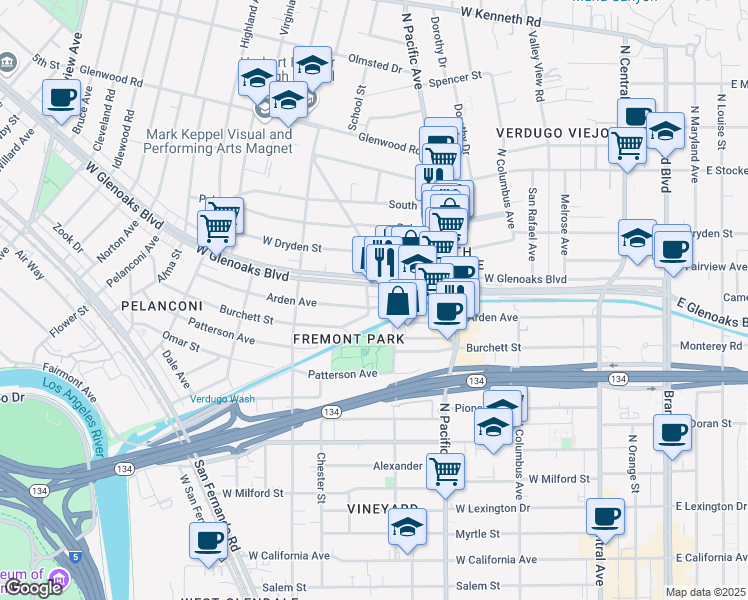 map of restaurants, bars, coffee shops, grocery stores, and more near 922 Beulah Street in Glendale