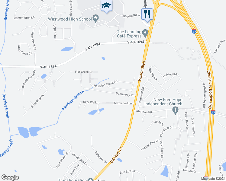 map of restaurants, bars, coffee shops, grocery stores, and more near 724 Pebblebranch Lane in Blythewood