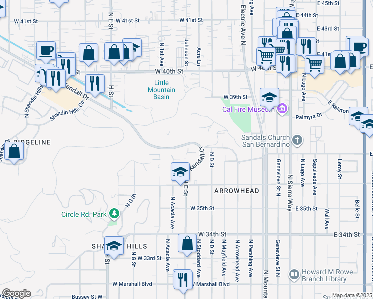 map of restaurants, bars, coffee shops, grocery stores, and more near 3698 North E Street in San Bernardino
