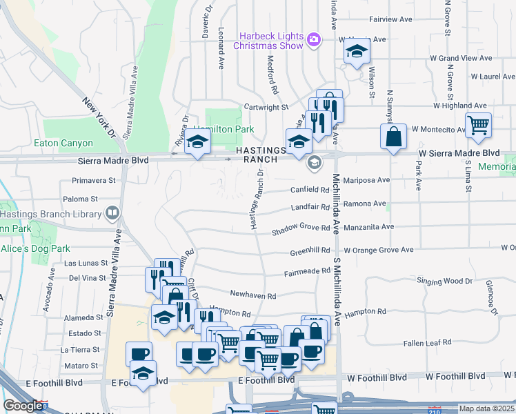 map of restaurants, bars, coffee shops, grocery stores, and more near 3730 Canfield Road in Pasadena