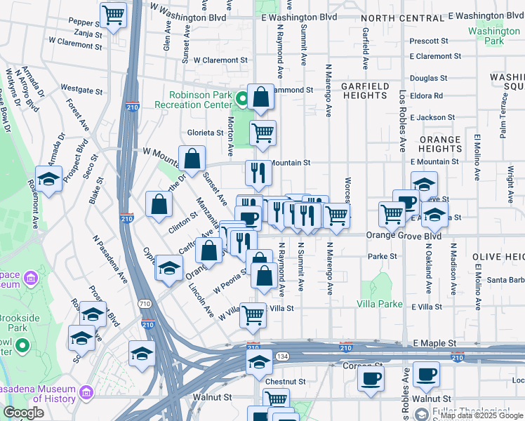 map of restaurants, bars, coffee shops, grocery stores, and more near in Pasadena