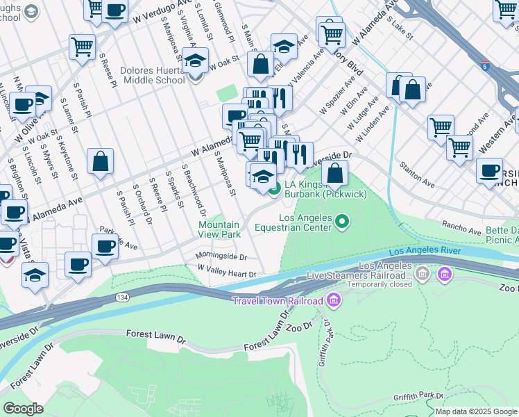 map of restaurants, bars, coffee shops, grocery stores, and more near 1001 West Riverside Drive in Burbank