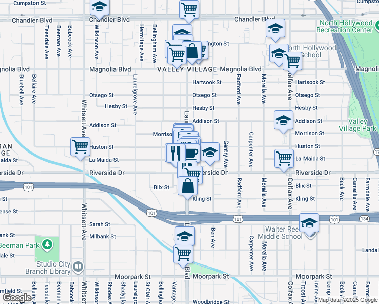 map of restaurants, bars, coffee shops, grocery stores, and more near 4904 Laurel Canyon Boulevard in Los Angeles