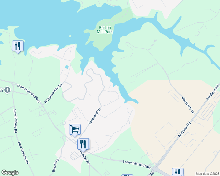 map of restaurants, bars, coffee shops, grocery stores, and more near 6313 Shoreland Circle in Buford
