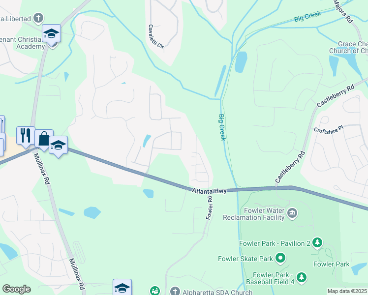 map of restaurants, bars, coffee shops, grocery stores, and more near 5030 Breezewood Circle in Alpharetta