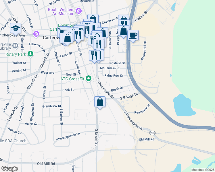 map of restaurants, bars, coffee shops, grocery stores, and more near 29 Brookside Court in Cartersville