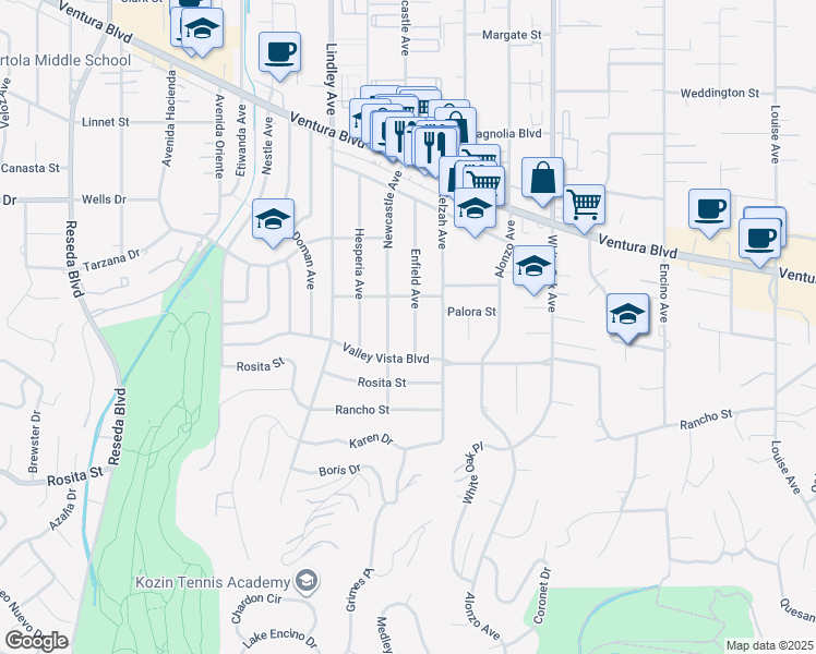 map of restaurants, bars, coffee shops, grocery stores, and more near 4938 Enfield Avenue in Los Angeles