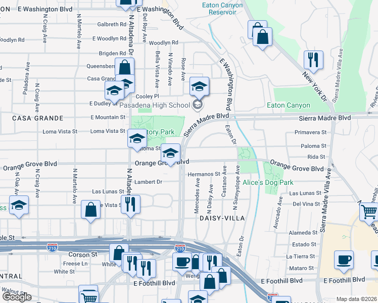 map of restaurants, bars, coffee shops, grocery stores, and more near 2758 Paloma Street in Pasadena