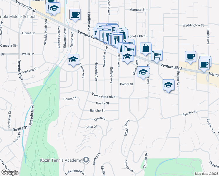 map of restaurants, bars, coffee shops, grocery stores, and more near 4921 Enfield Avenue in Los Angeles