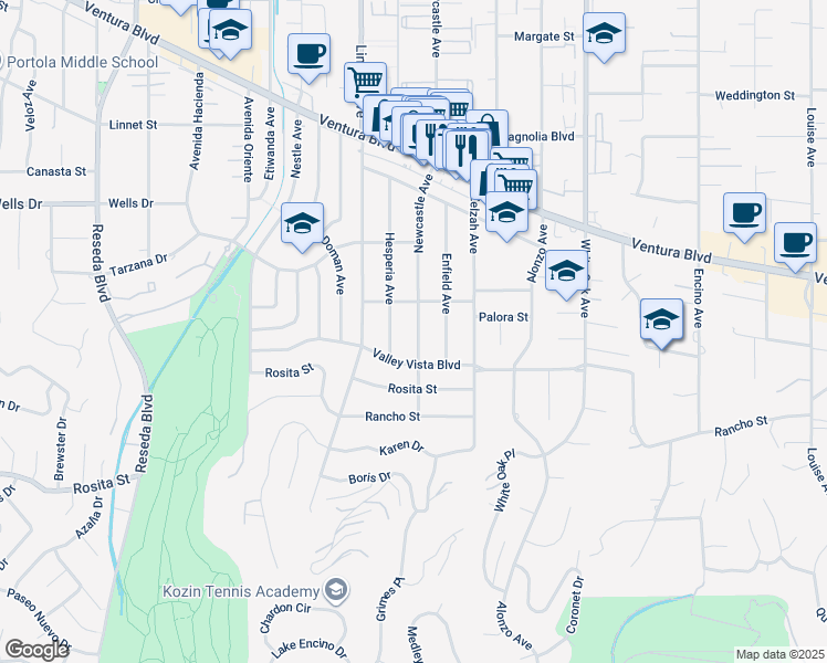 map of restaurants, bars, coffee shops, grocery stores, and more near 4921 Newcastle Avenue in Los Angeles