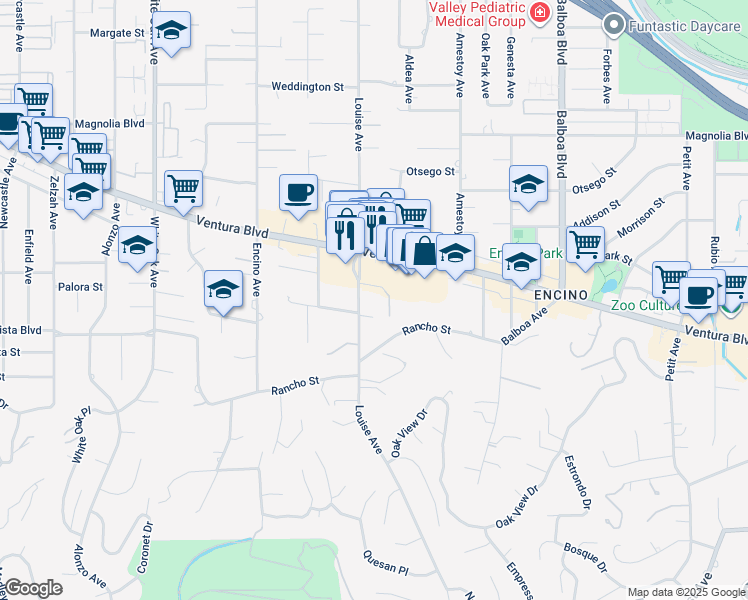 map of restaurants, bars, coffee shops, grocery stores, and more near 4934 Louise Avenue in Los Angeles