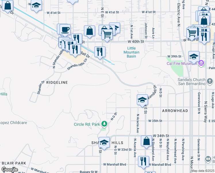map of restaurants, bars, coffee shops, grocery stores, and more near 3729 Ridge Line Drive in San Bernardino
