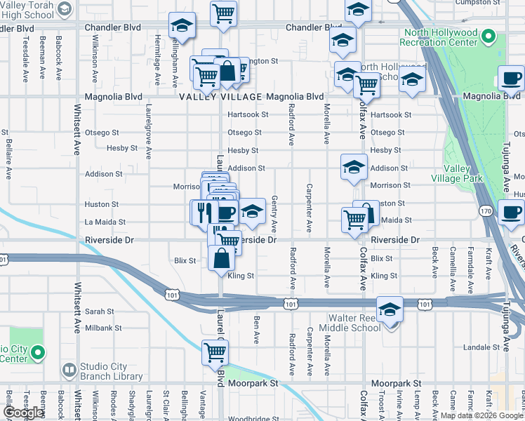 map of restaurants, bars, coffee shops, grocery stores, and more near 4852 Ben Avenue in Los Angeles