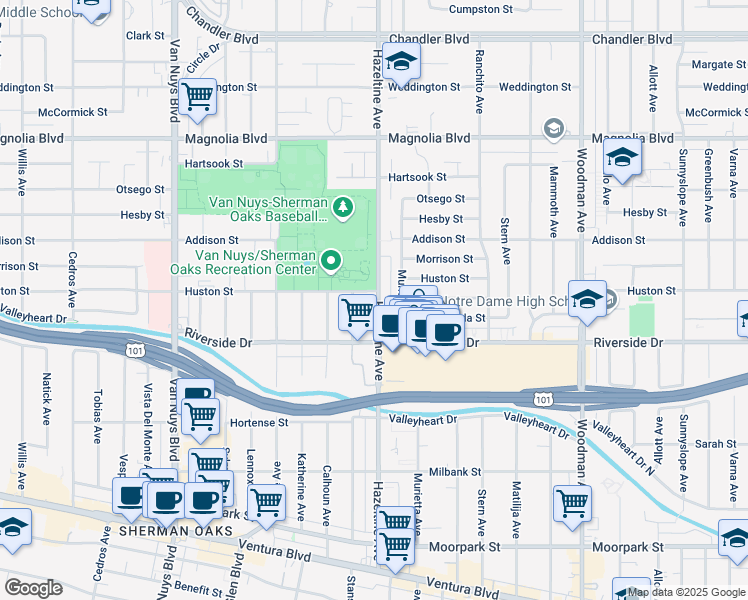 map of restaurants, bars, coffee shops, grocery stores, and more near 4851 Hazeltine Avenue in Sherman Oaks