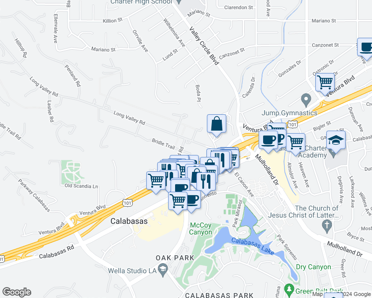 map of restaurants, bars, coffee shops, grocery stores, and more near 23628 Long Valley Road in Hidden Hills