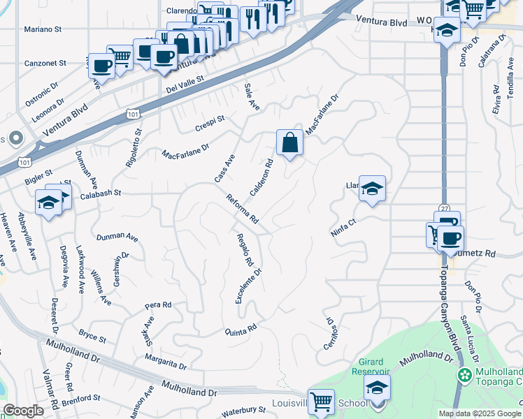 map of restaurants, bars, coffee shops, grocery stores, and more near 22491 Domingo Road in Los Angeles